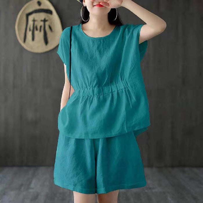 Women Fashion Casual Cotton Linen Two-Piece Set