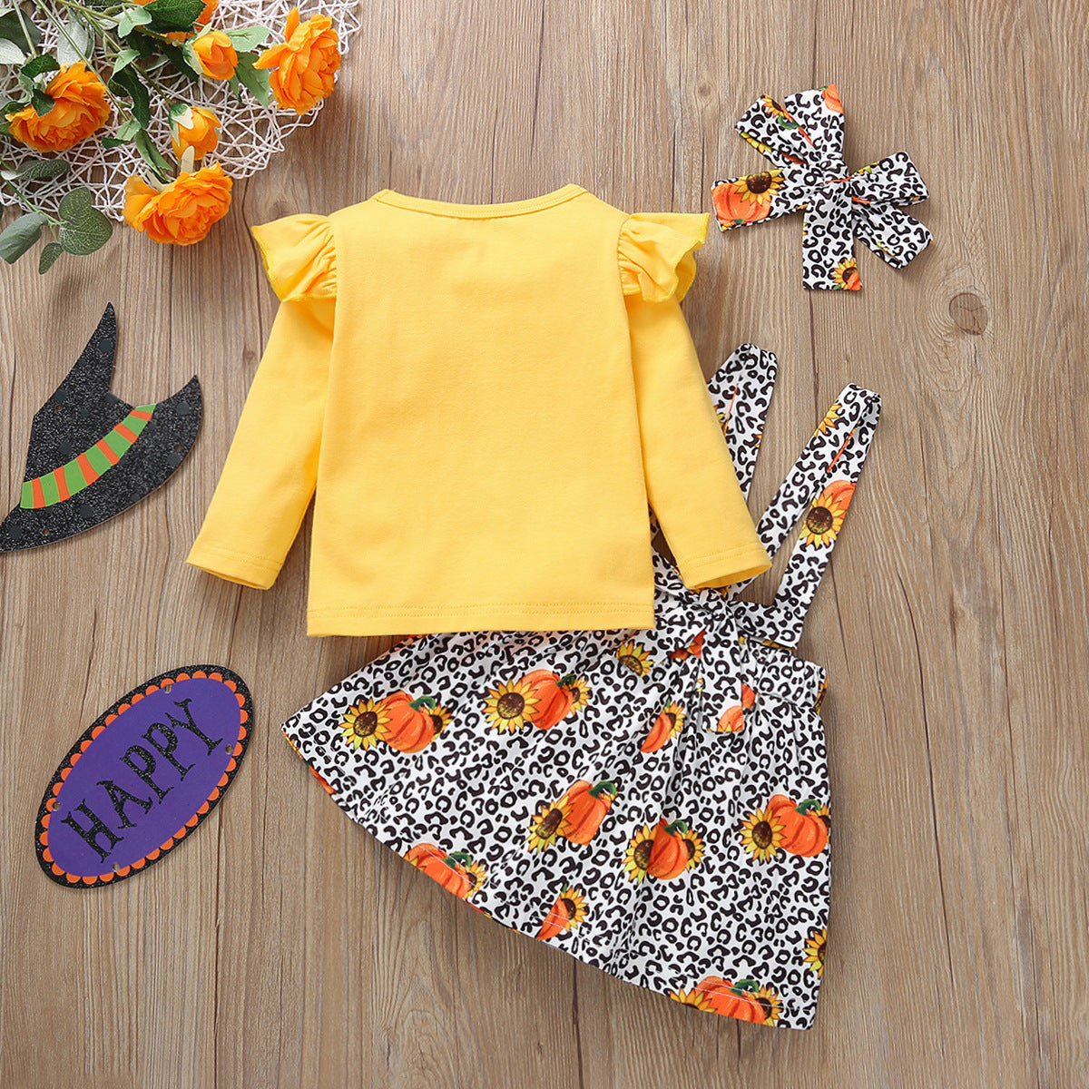 Vestido informal de manga larga con estampado de calabaza para niñas pequeñas