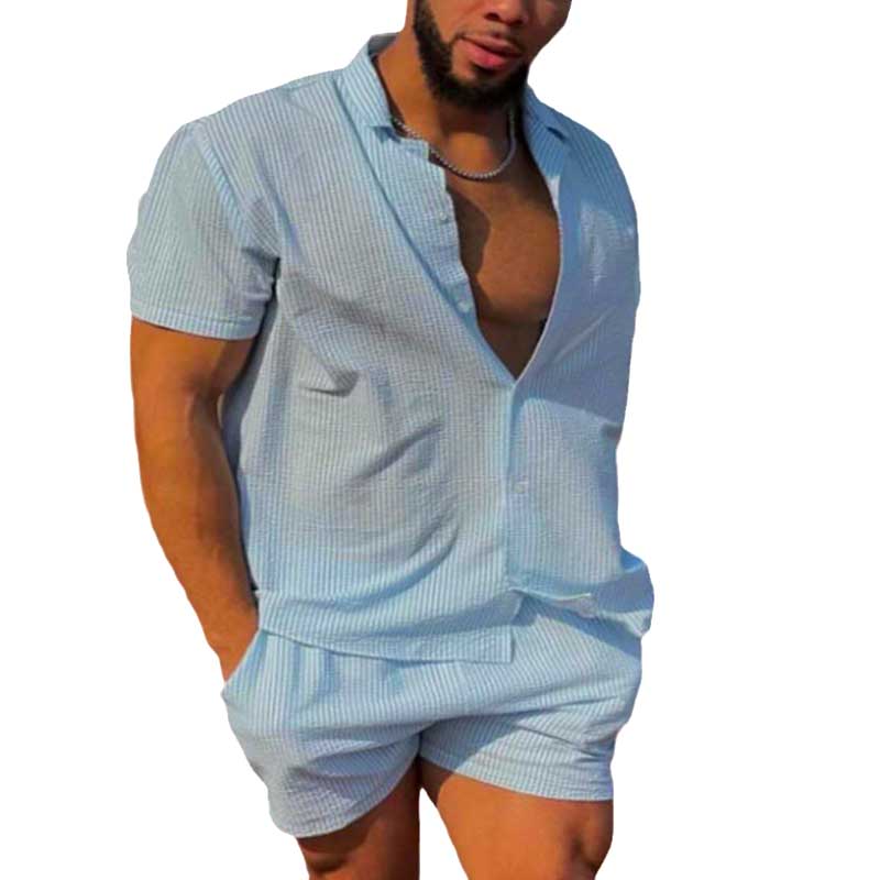 Conjuntos de camisa y pantalones cortos de manga corta con solapa a rayas estilo vacacional para hombre