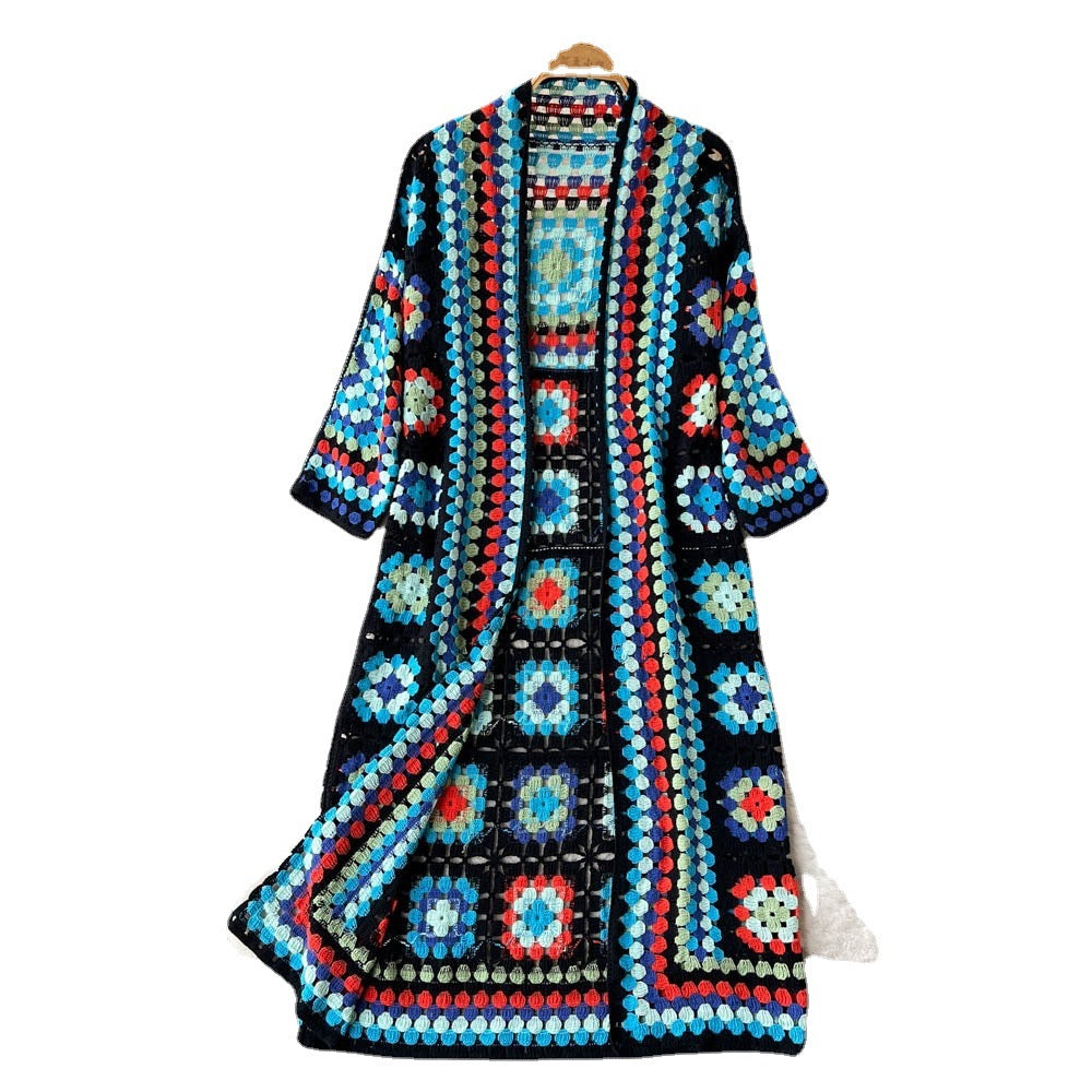 Manteau à manches longues en jacquard style bohème pour femme