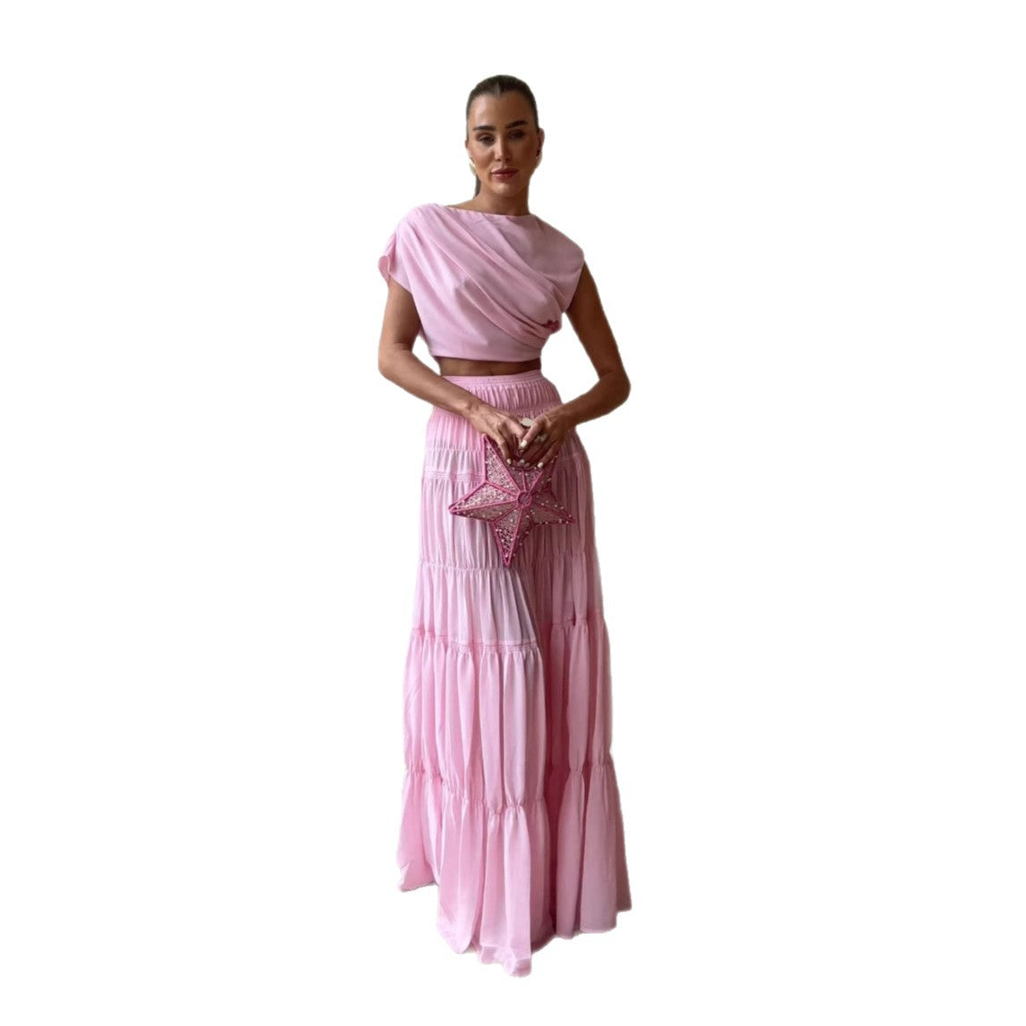 Ensemble haut court à manches courtes et robe plissée de couleur unie pour femme