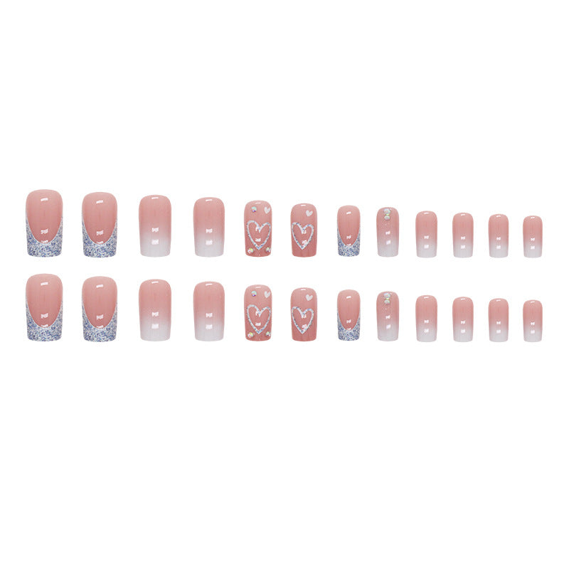 Faux ongles mi-longs carrés et brillants à paillettes, motif cœur blanc dégradé, style French manucure