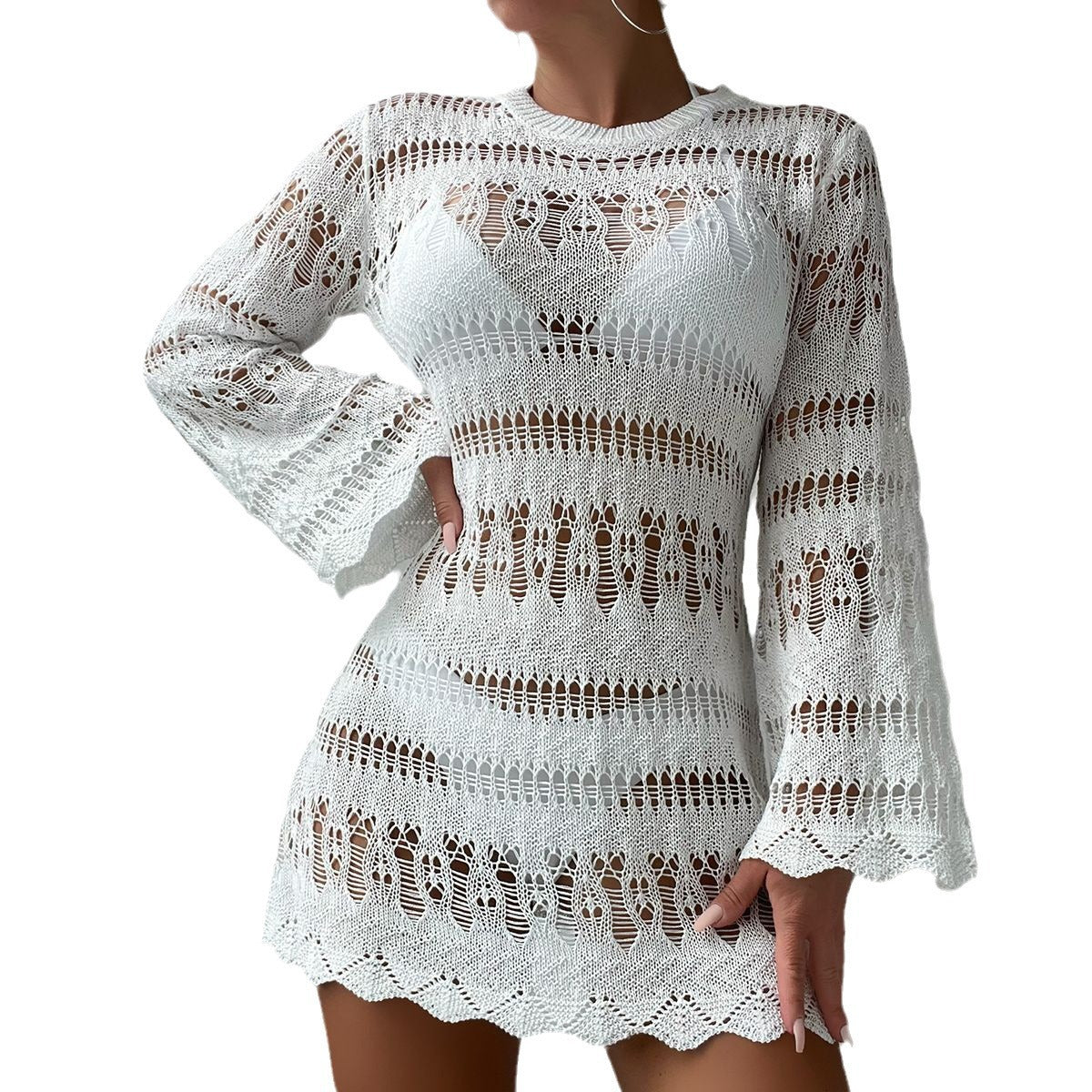Vestido playero de punto calado de color liso a la moda para mujer