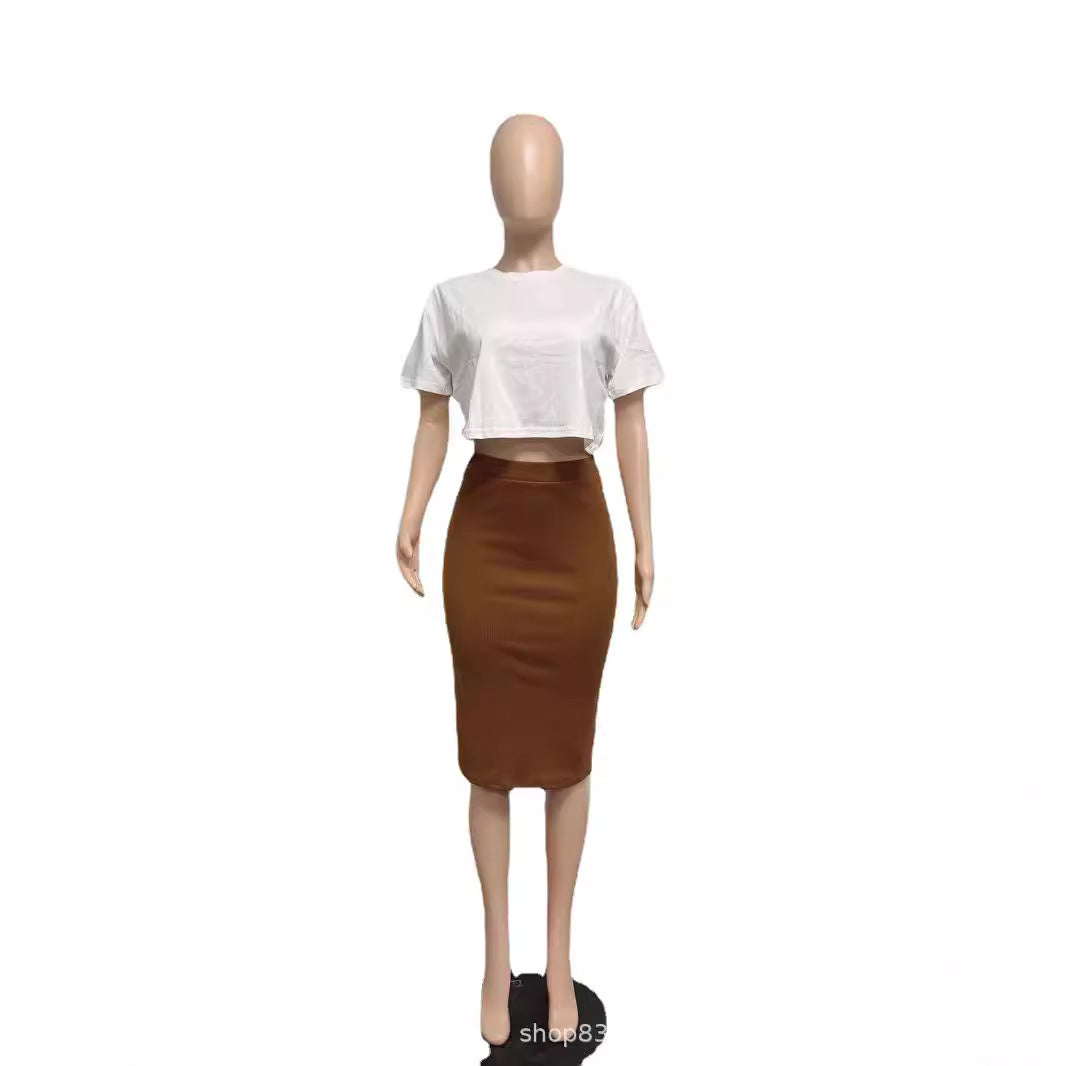Ensemble t-shirt à manches courtes et jupe décontractés pour femme, couleur unie