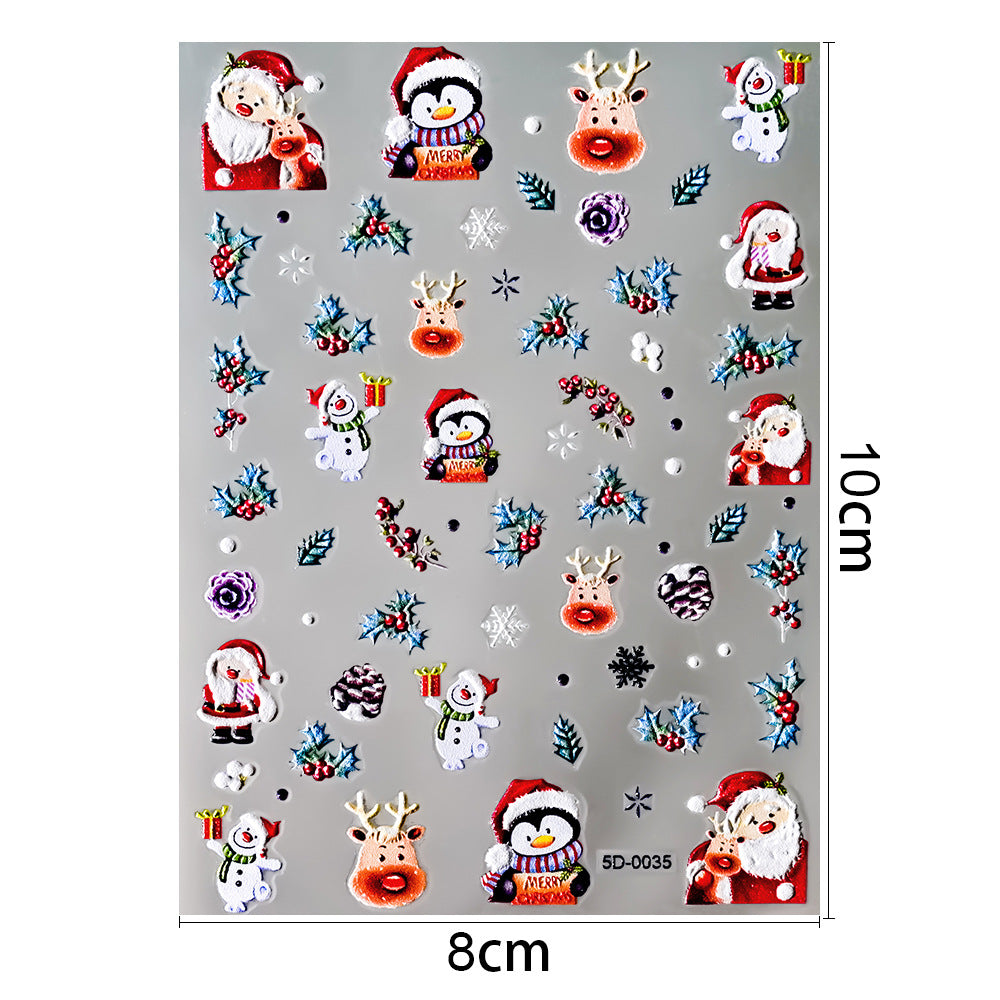 Pegatinas para uñas con relieve navideño de Papá Noel, muñeco de nieve y copos de nieve