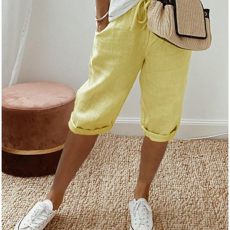 Pantalones casuales de lino y algodón de color liso a la moda para mujer
