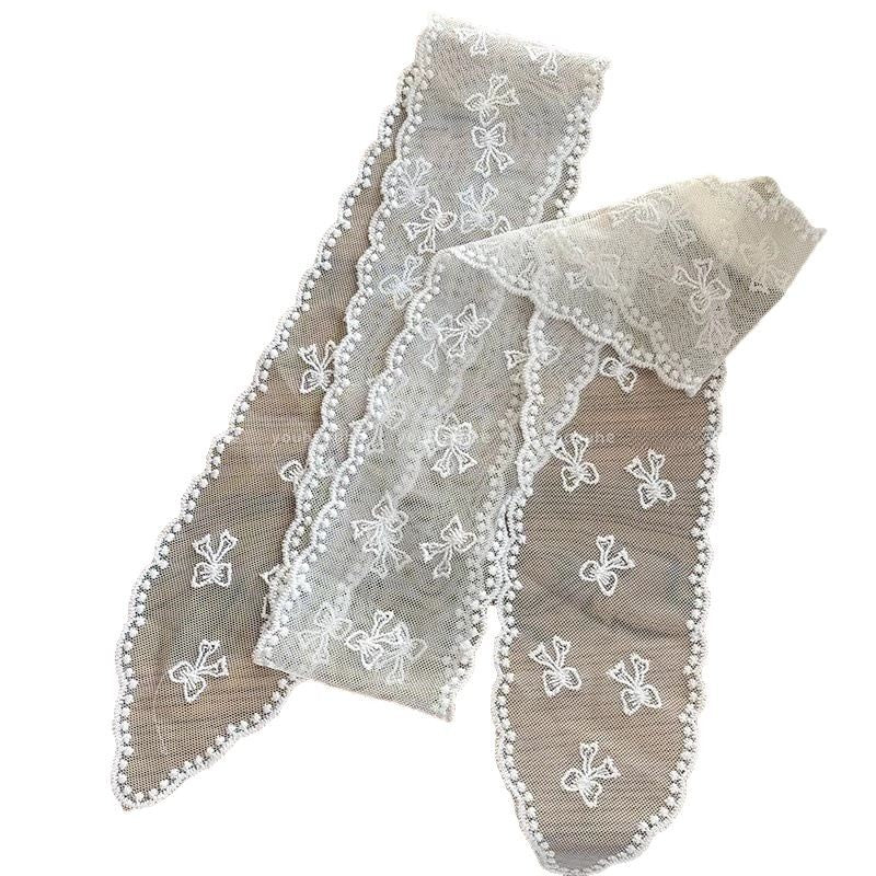 Pañuelo para el pelo largo de seda con lazo de encaje blanco a la moda para mujer