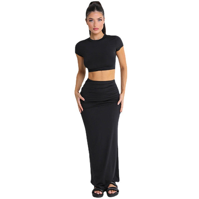 Women Fashion Solid Color Short Sleeve Top And Skirt Set