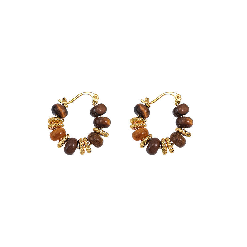 Boucles d'oreilles rétro en perles d'œil de tigre pour femmes, style Maillard Wind