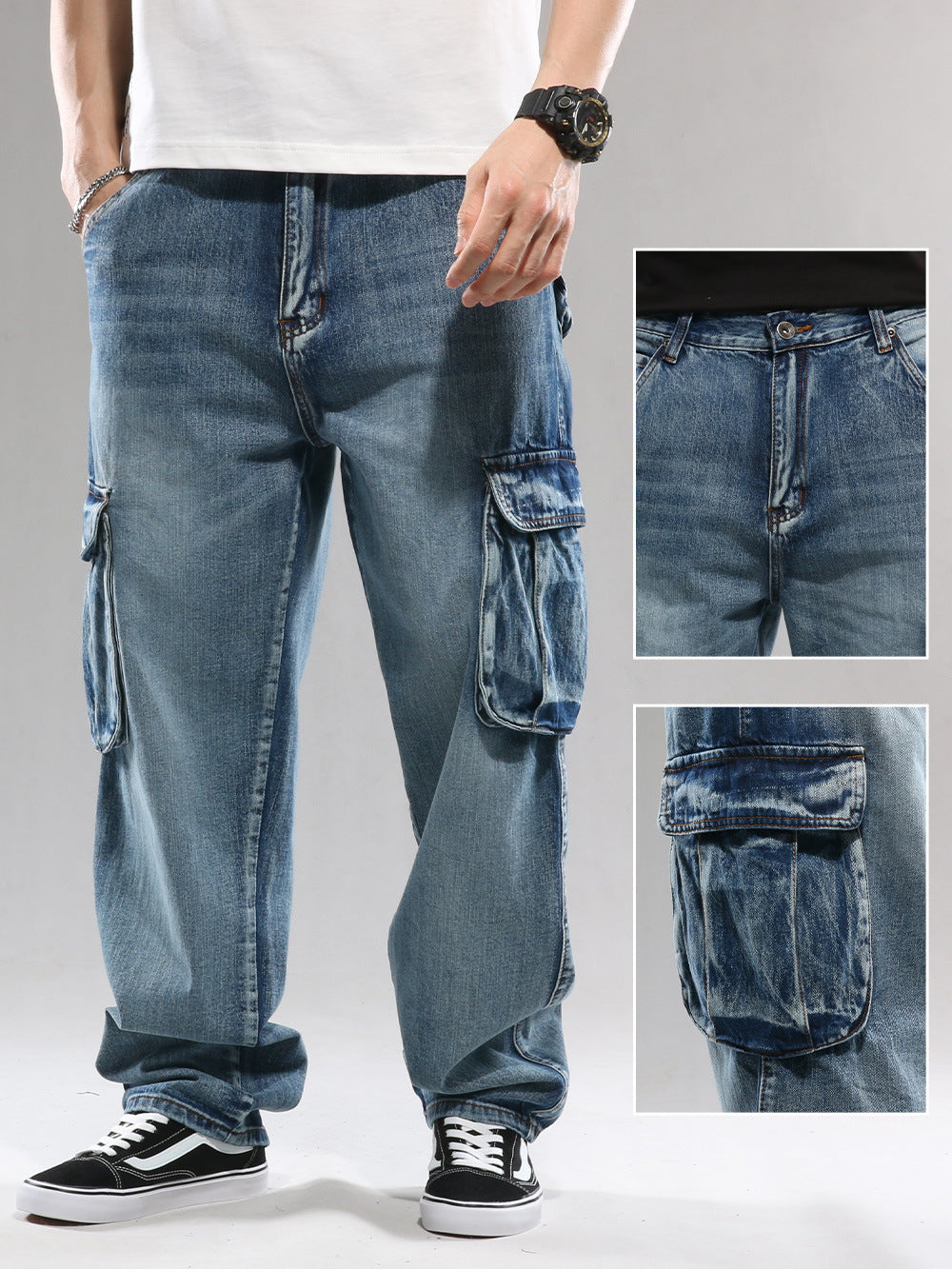 Vaqueros cargo holgados de pierna ancha con múltiples bolsillos a la moda para hombre
