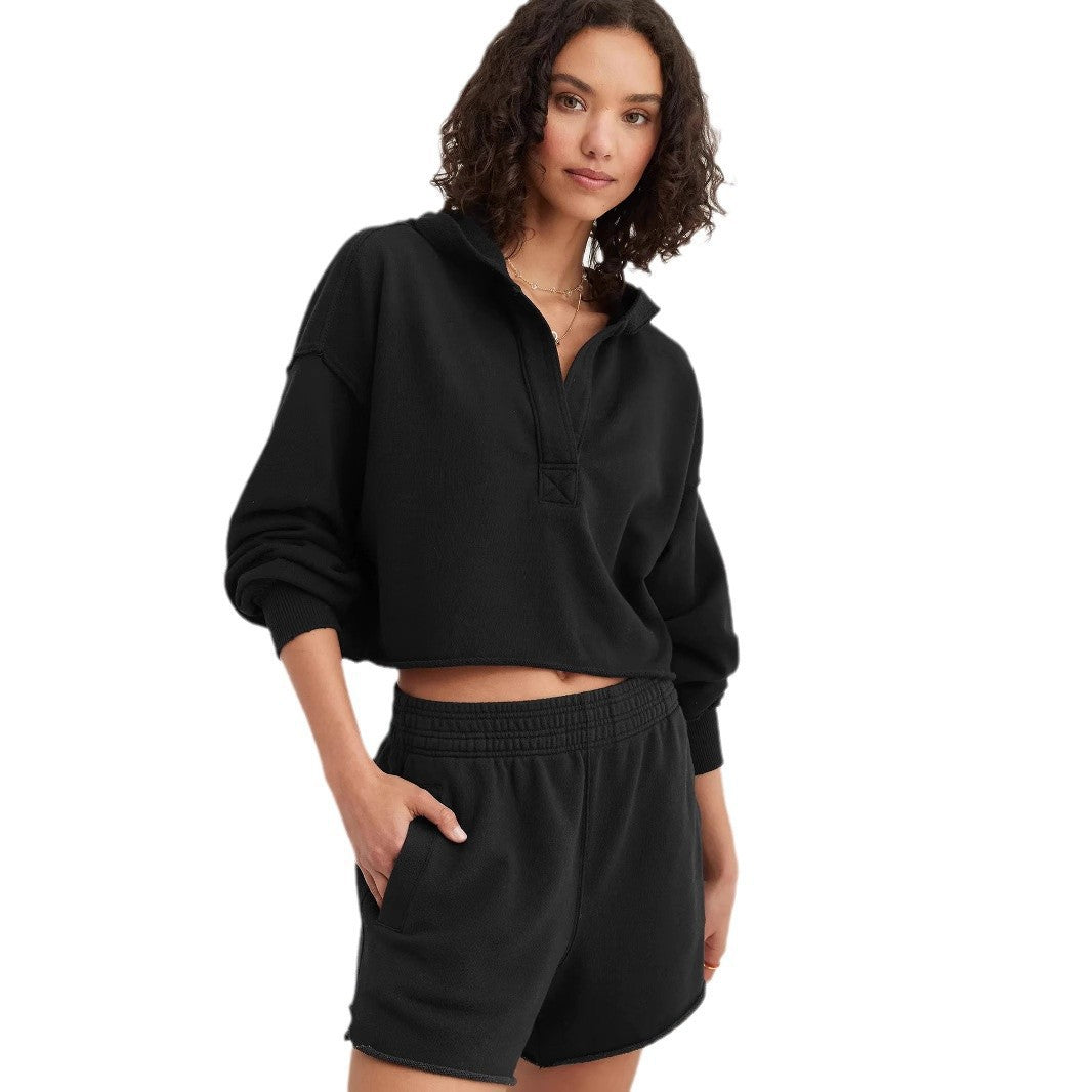 Women Solid Color V-Neck Long Sleeve Hoodies with Loose Fit