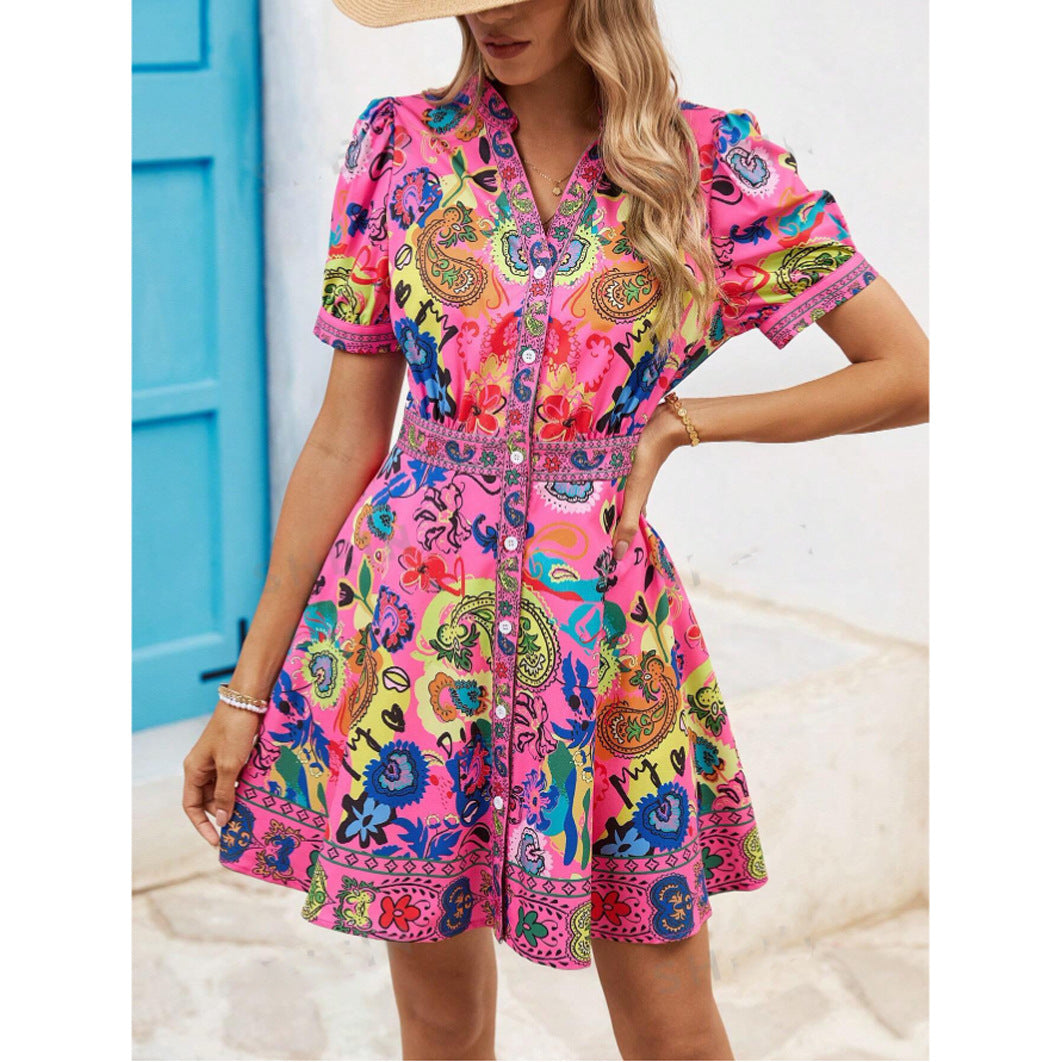 Robe décontractée à col en V et imprimé vacances pour femme