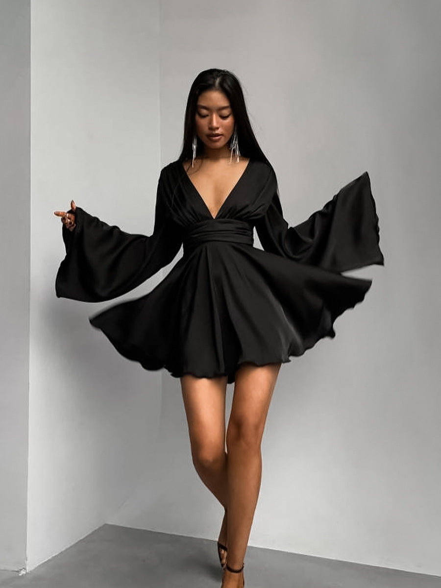 Women Fashion Sexy Deep V Acetic Satin Flare Sleeve Dress