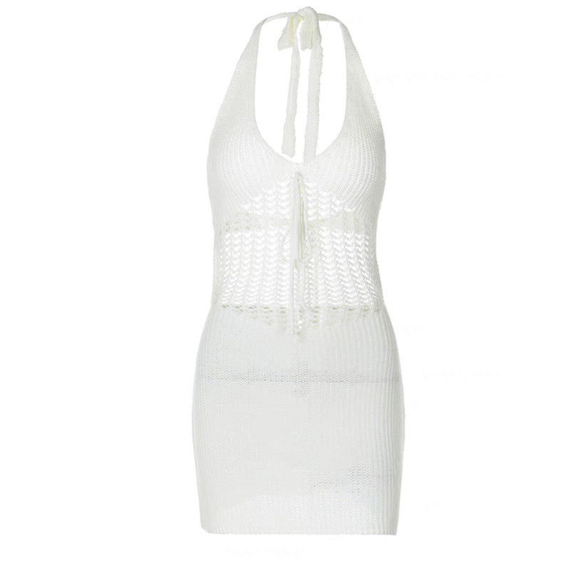 Women Fashion Sexy Solid Color Knitted Hollow-Out V-Neck Dress