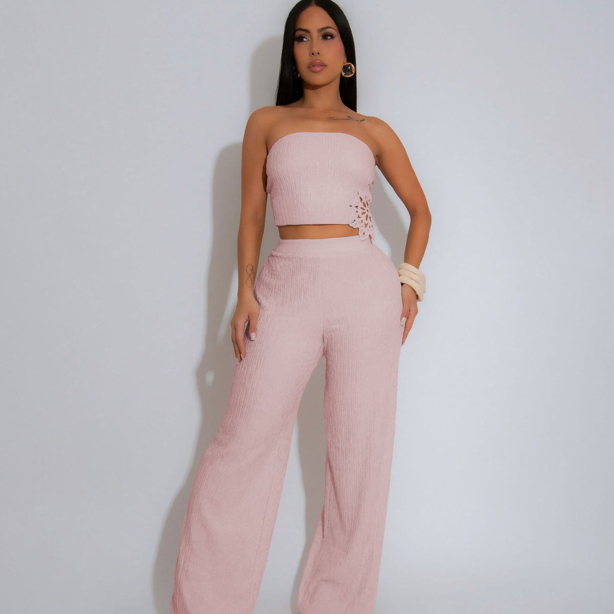 Women Fashion Sexy Pleated Lace Floral Tube Top Pants Set