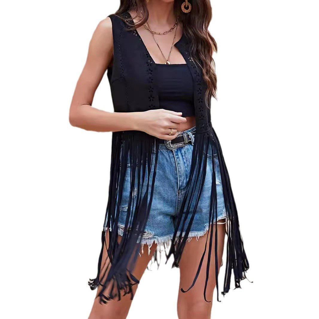 Women Casual Retro Solid Color Suede Tassel Vest