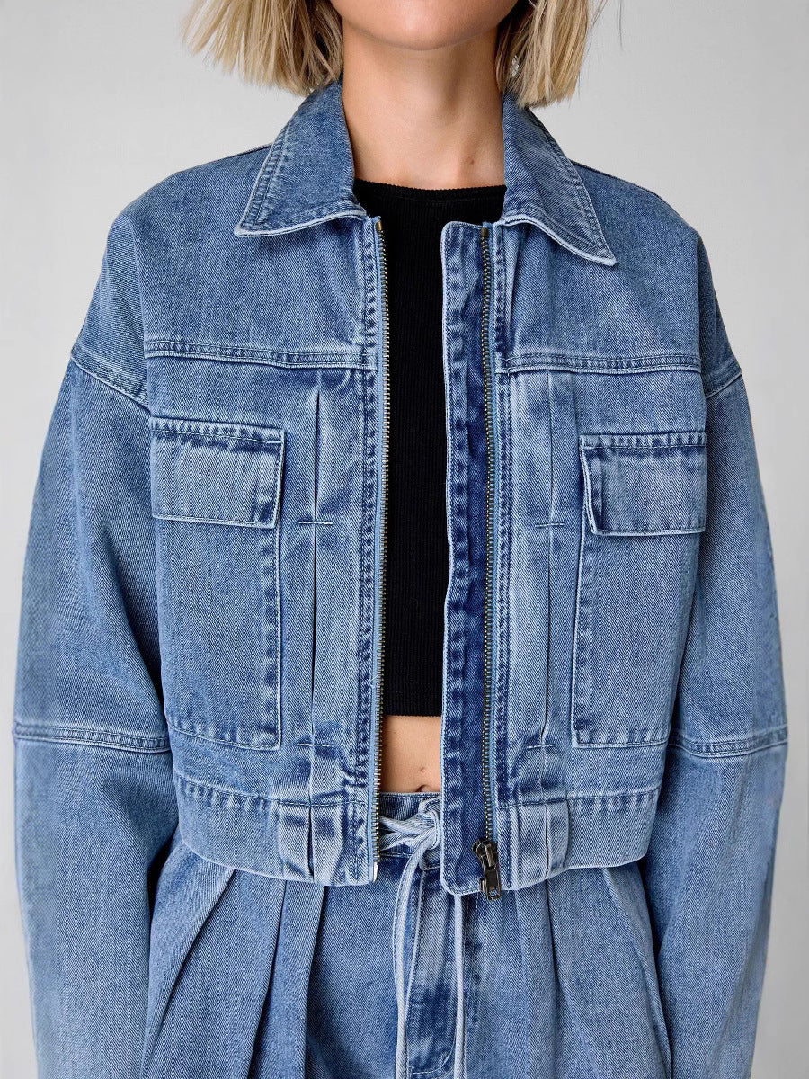 Women Fashion Casual Denim Lapel Long Sleeve Zipper Coat Two-Piece Set