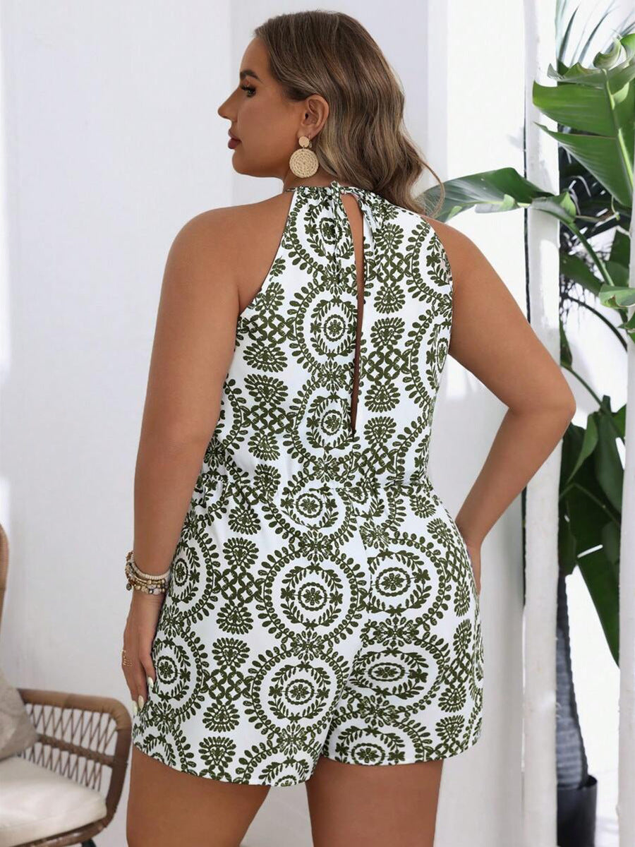 Women Fashion Vacation Plus Size Printed Sleeveless Jumpsuit