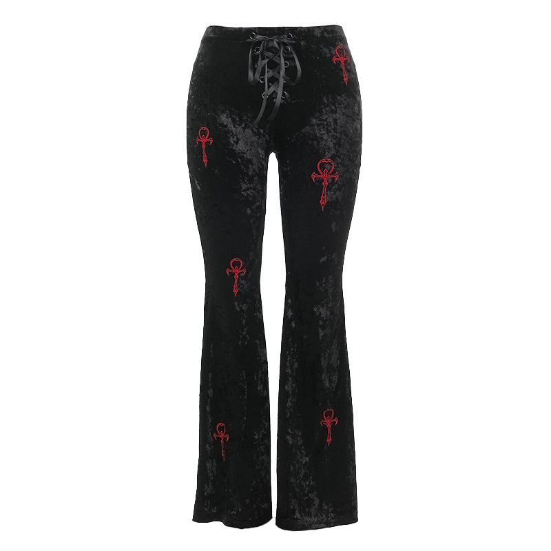 Women Fashion Casual Gothic Cross Embroidered Pants