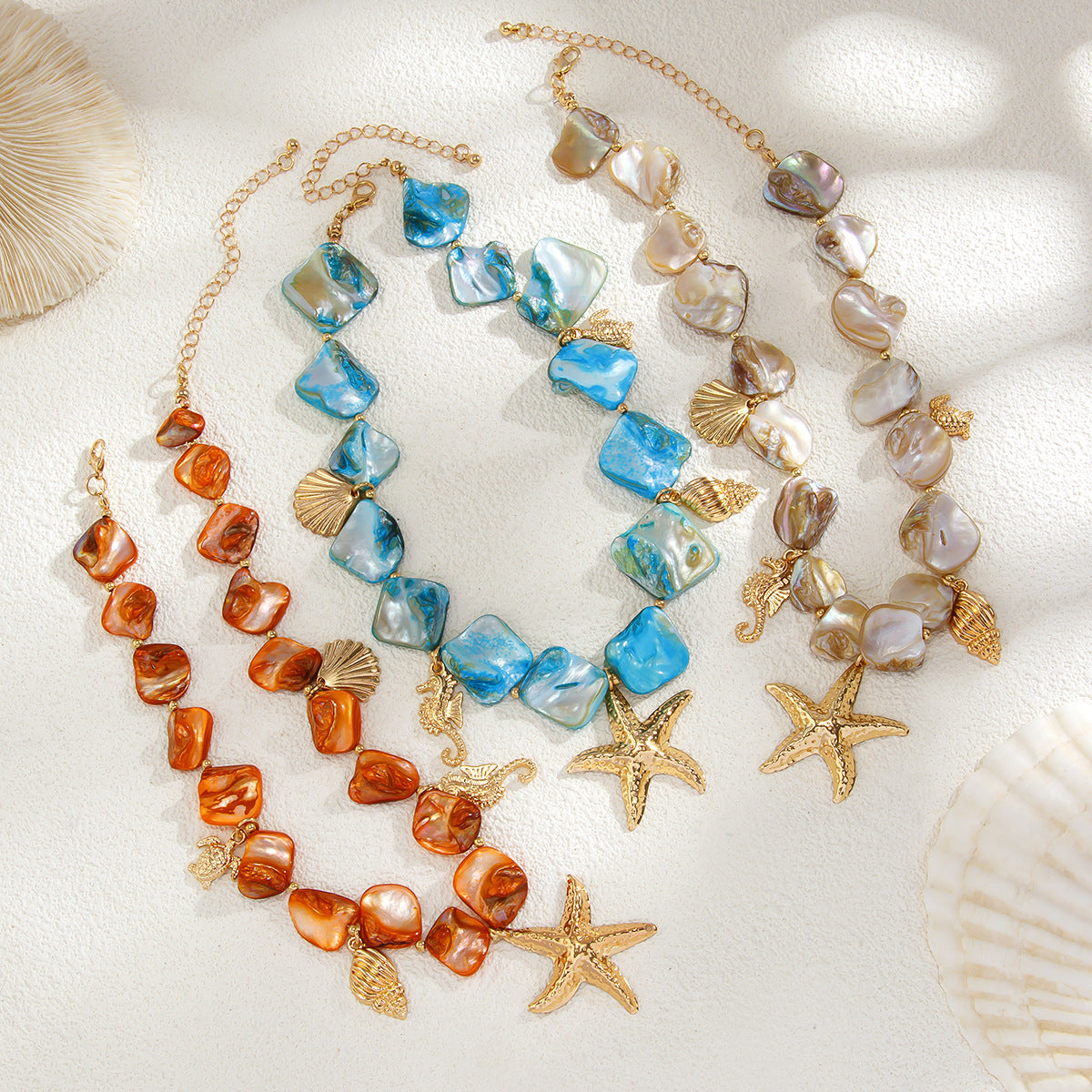 Collar de concha y estrella de mar estilo océano de verano para mujer