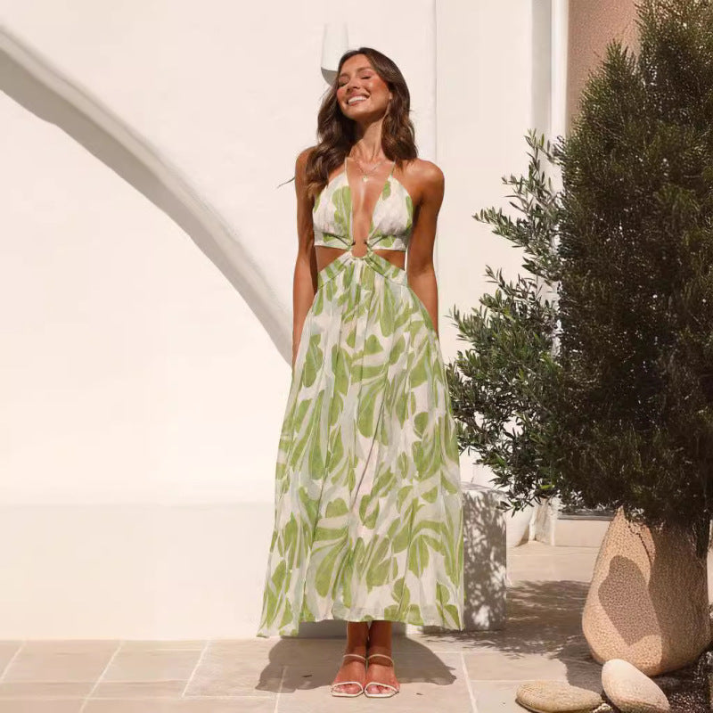 Vacation Women Fashion V-Neck Backless Maxi Dress