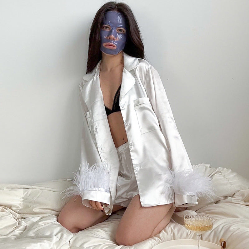Women Fashion Loose Satin Ice Silk Long Sleeve Pajamas Set