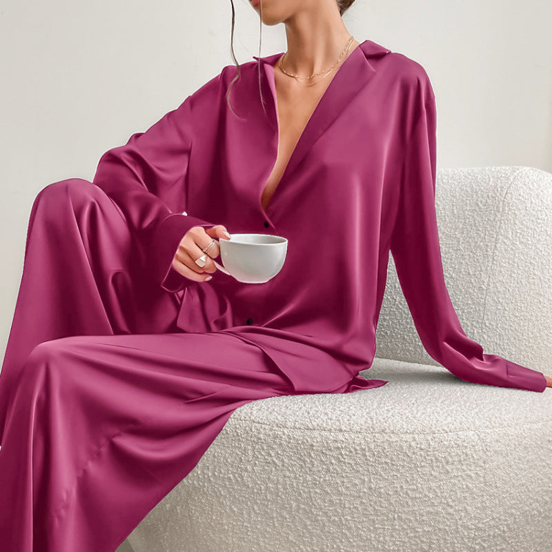 Women's Long-Sleeved Solid Satin Two-Piece Pajamas