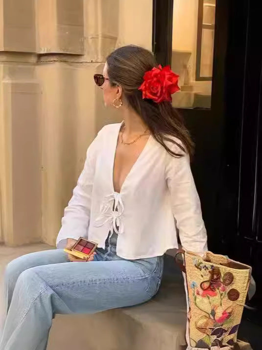 Women Vacation Deep V Neck Flare Sleeve Blouse