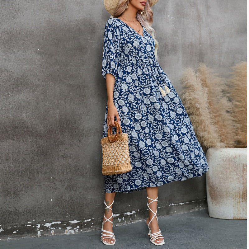 Vestido informal de primavera y verano para mujer, con cintura alta, estampado floral y escote en V
