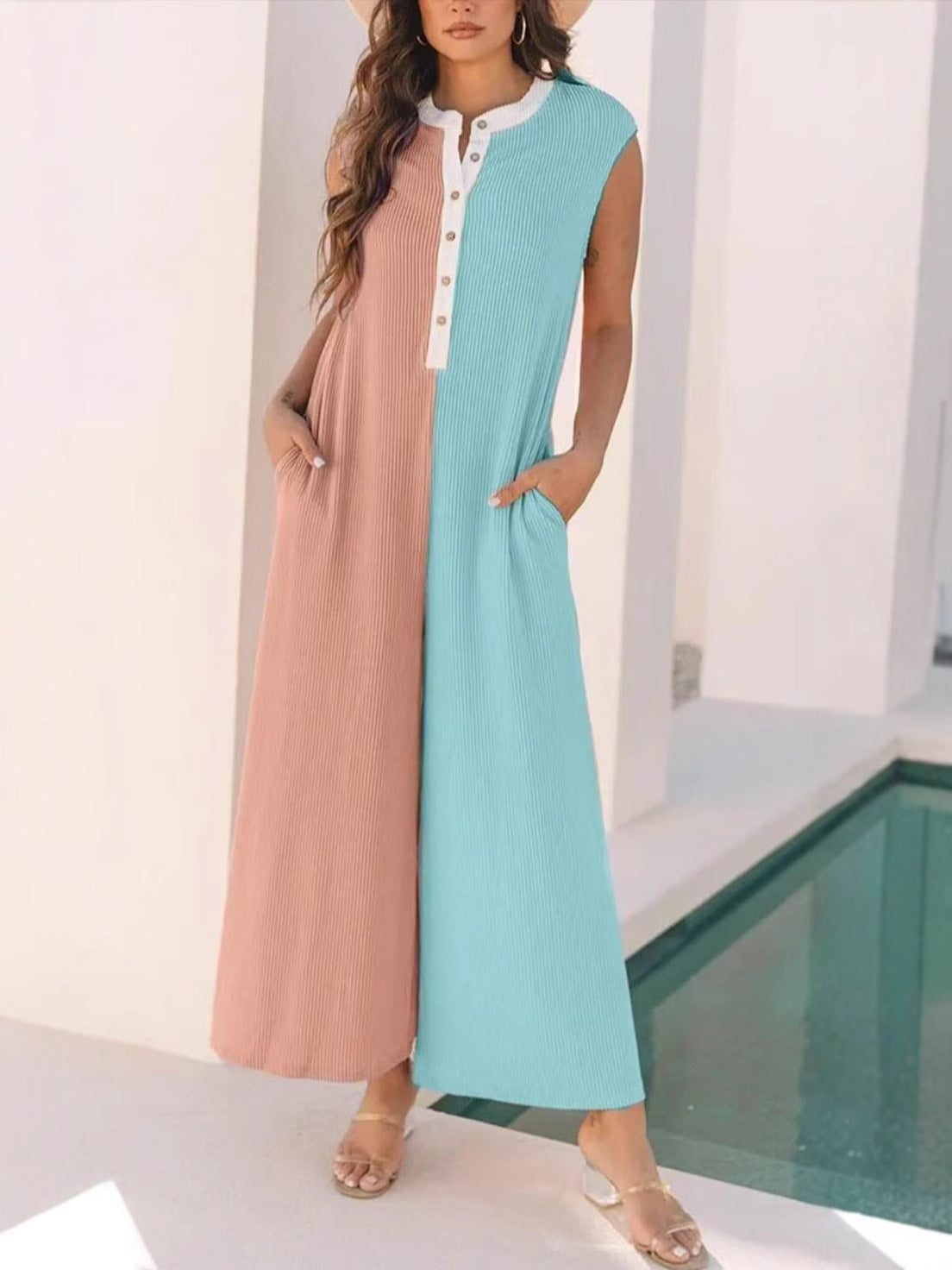 Women Fashion Casual Colorblock Sleeveless Jumpsuit