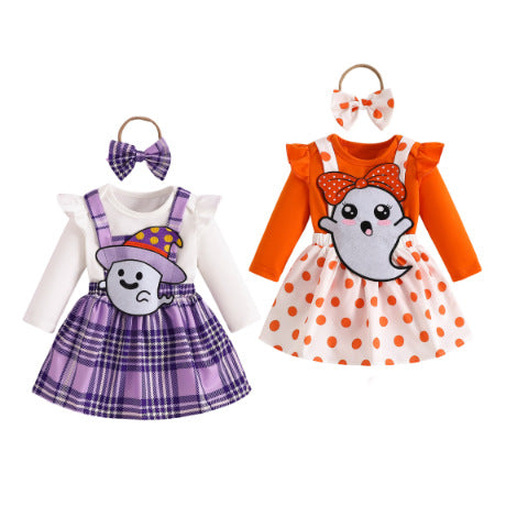 Conjunto de mameluco informal con bordado de fantasmas para niñas pequeñas