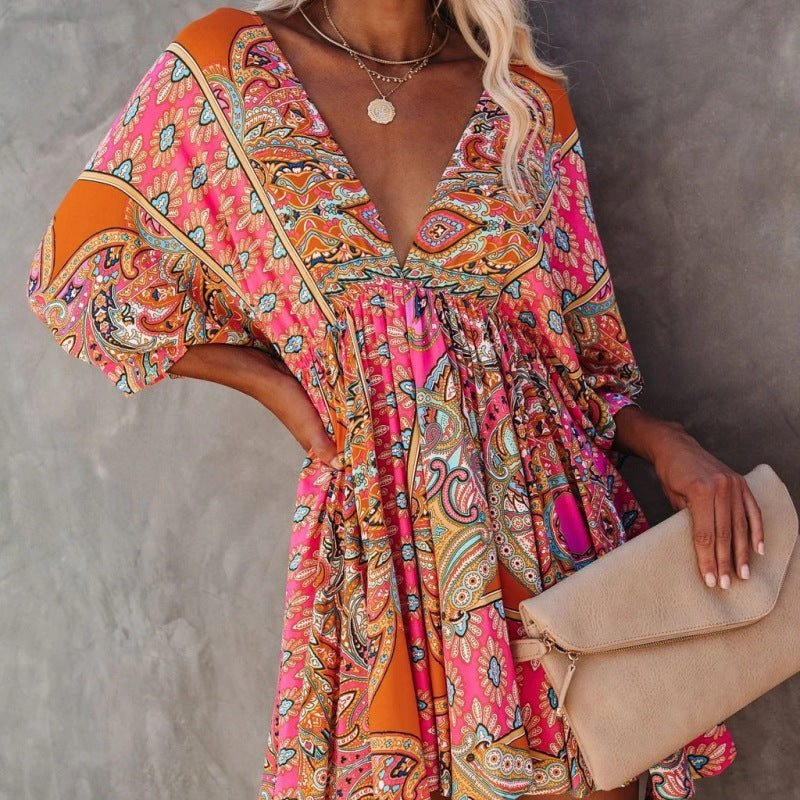 Vestido mini elegante con escote en V y estampado floral estilo bohemio vintage para mujer