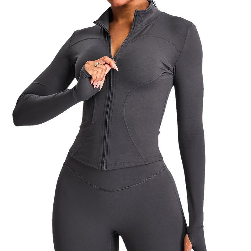 Veste de sport décontractée à manches longues et fermeture éclair pour femme, couleur unie, idéale pour le yoga