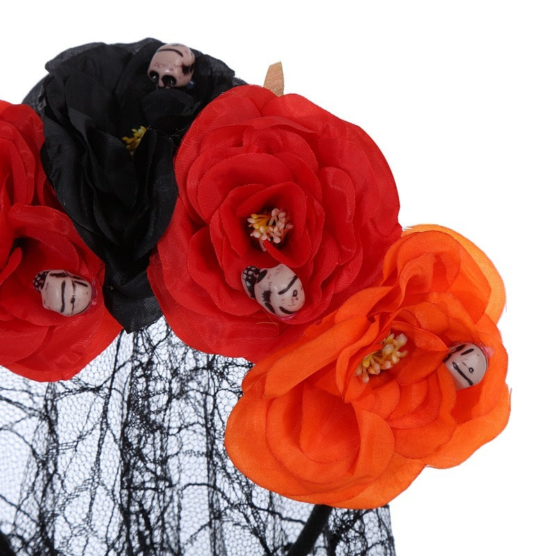 Bandeau en tissu de style gothique avec motif floral et tête de mort, ornement d'Halloween