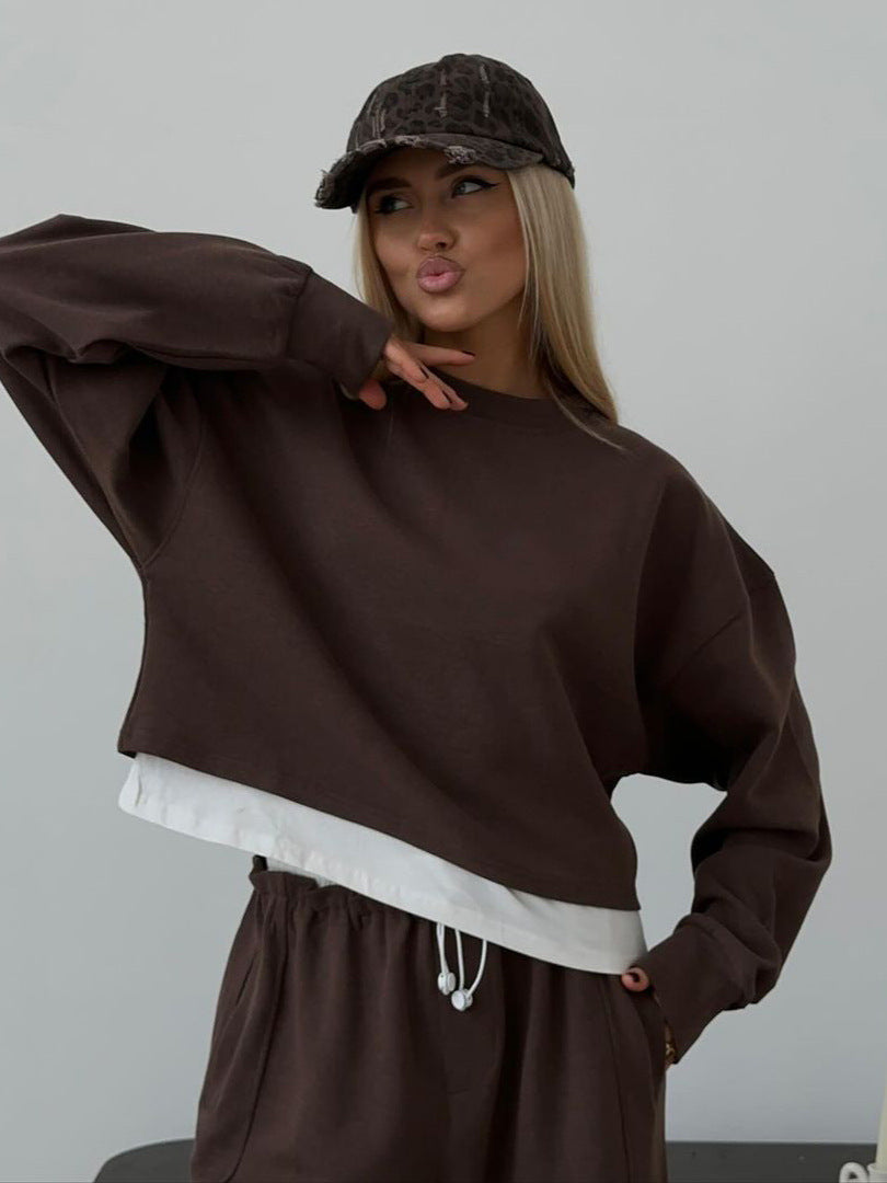 Women Long Sleeve Casual Solid Color Sweatshirt and Loose Pants Two-Piece Set