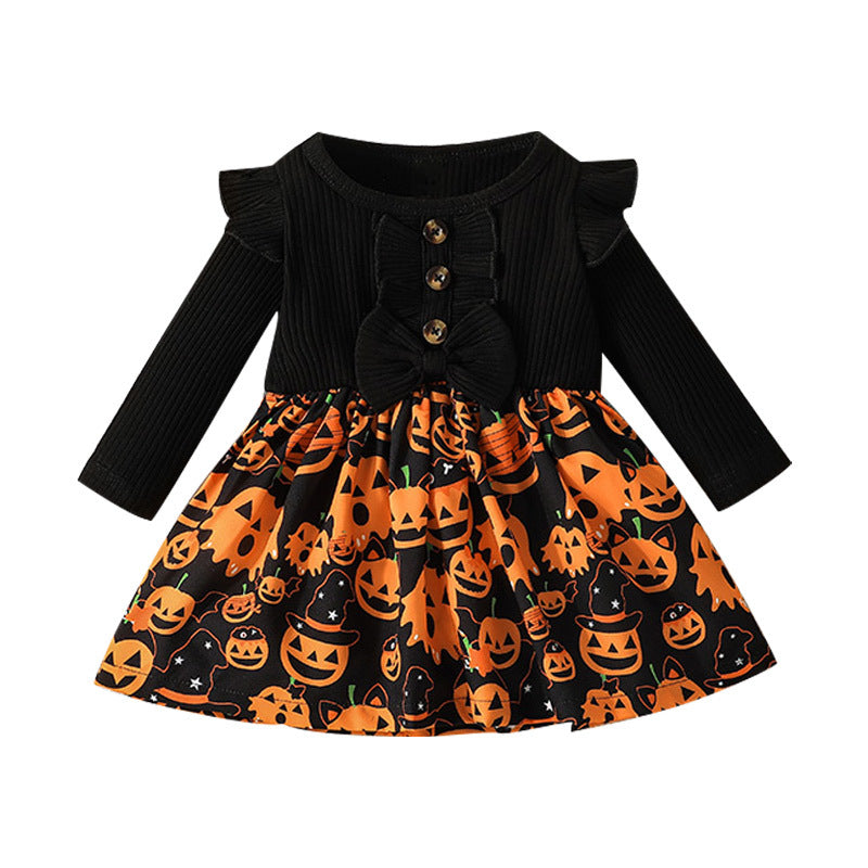 Vestido de calabaza de algodón de manga larga para niñas pequeñas