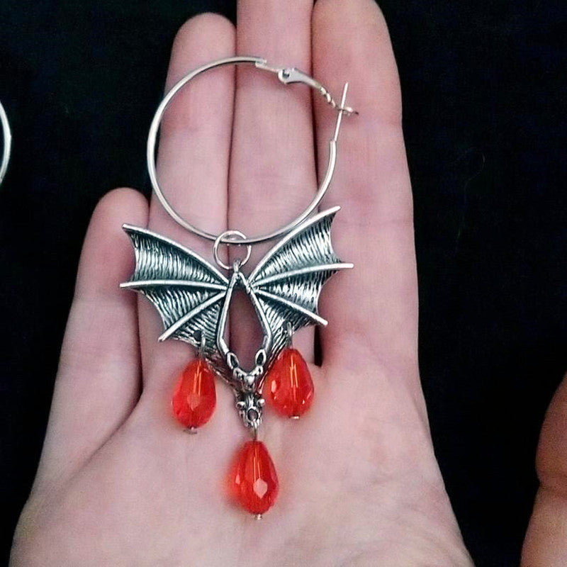 Halloween Gothic Red Vampire Bat Glass Crystal Earrings