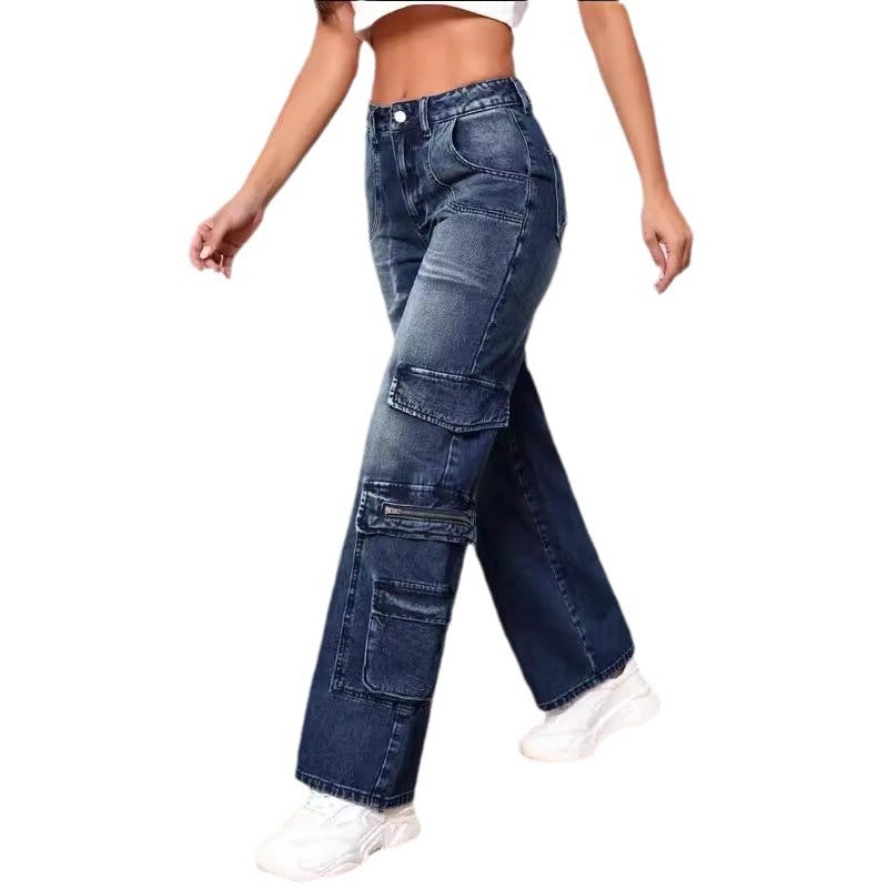 Pantalones cargo de mezclilla de pierna ancha con múltiples bolsillos para mujer