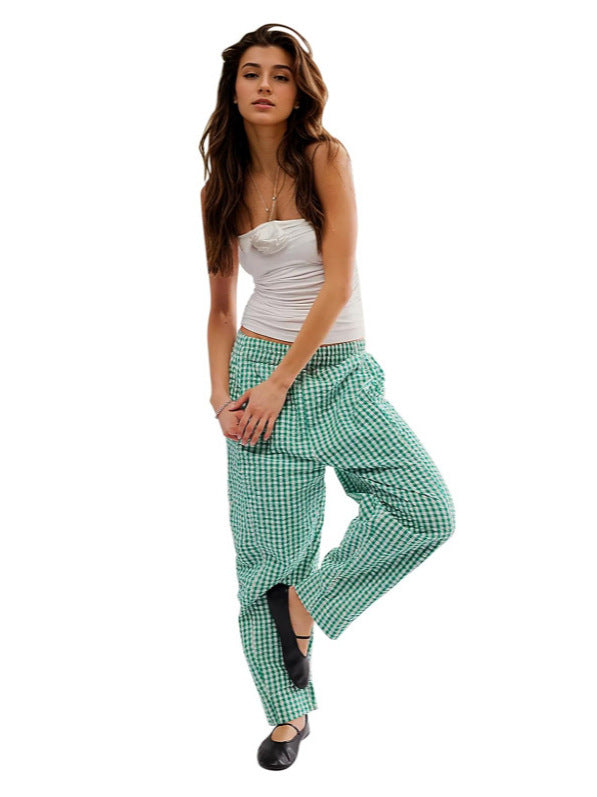 Women Casual Plaid Wide Leg Pocket Pants