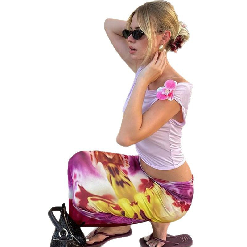 Conjunto de top y falda sin mangas con contraste de color y estampado floral