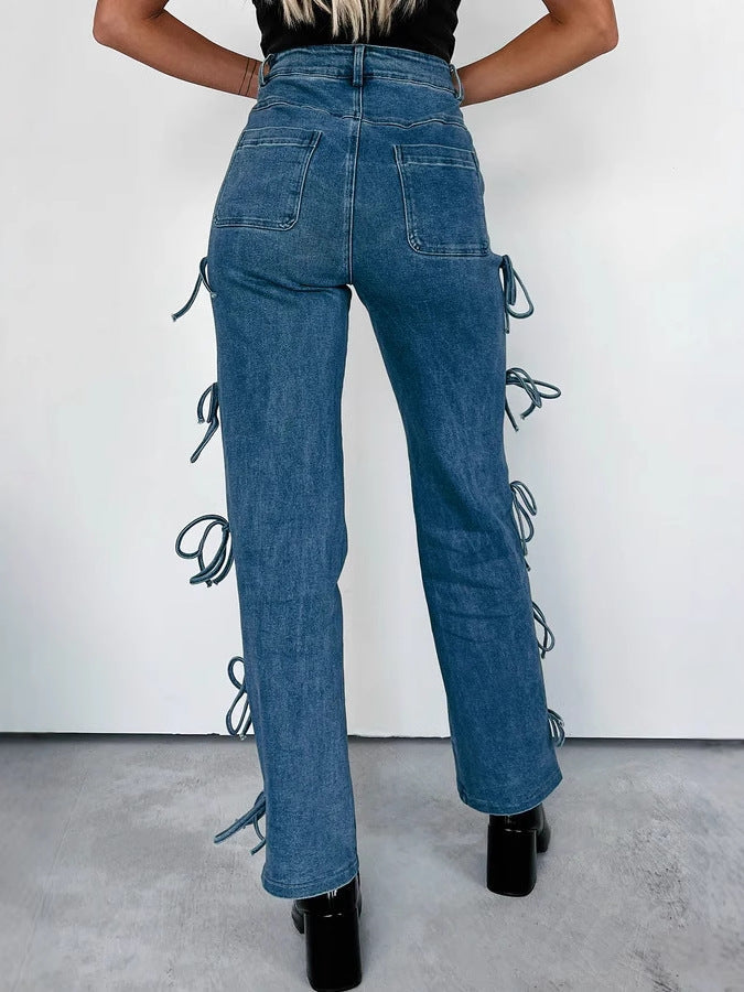 Jean droit rétro avec nœud pour femme, bleu saphir