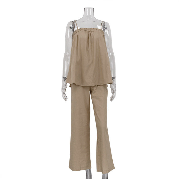Conjunto de top con tirantes y pierna ancha de color liso a la moda para mujer