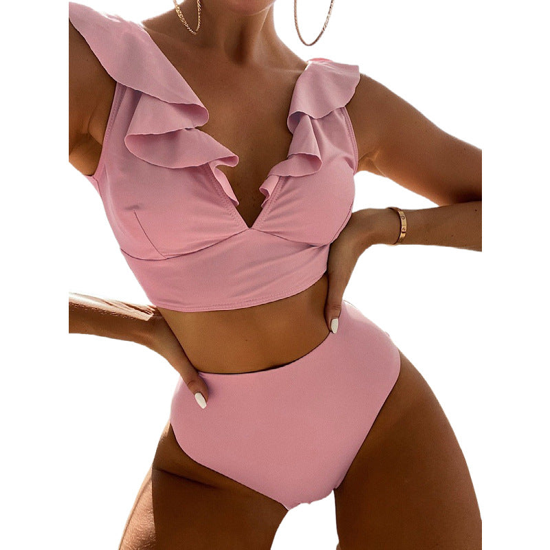 Women Fashion Sexy Solid Color V-Neck Ruffle Bikini Swimsuit