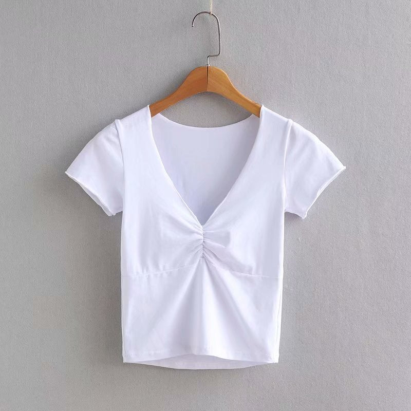 Summer Women Fashion Sexy V-Neck Solid Color Blank T-Shirt