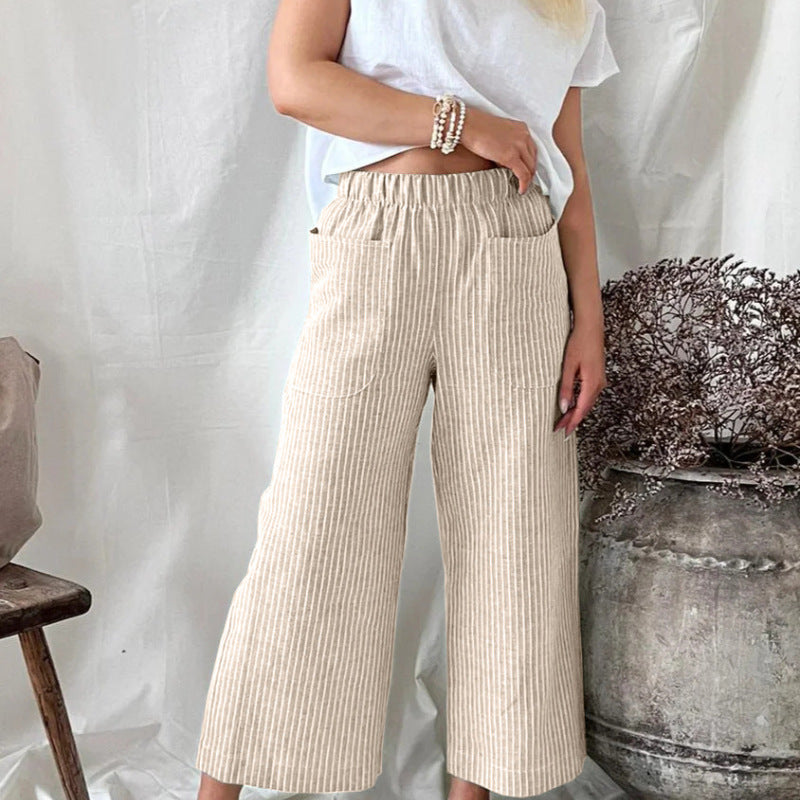 Pantalones casuales de lino y algodón a rayas de pierna ancha para mujer