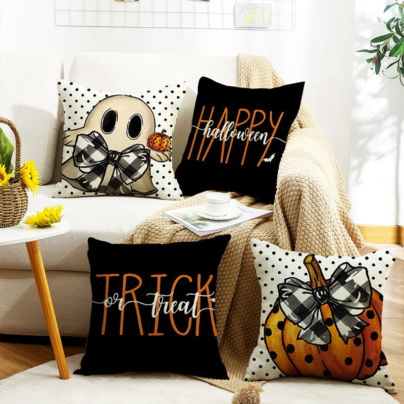 Halloween Cartoon Pumpkin Ghost Linen Sofa Cushion Cover