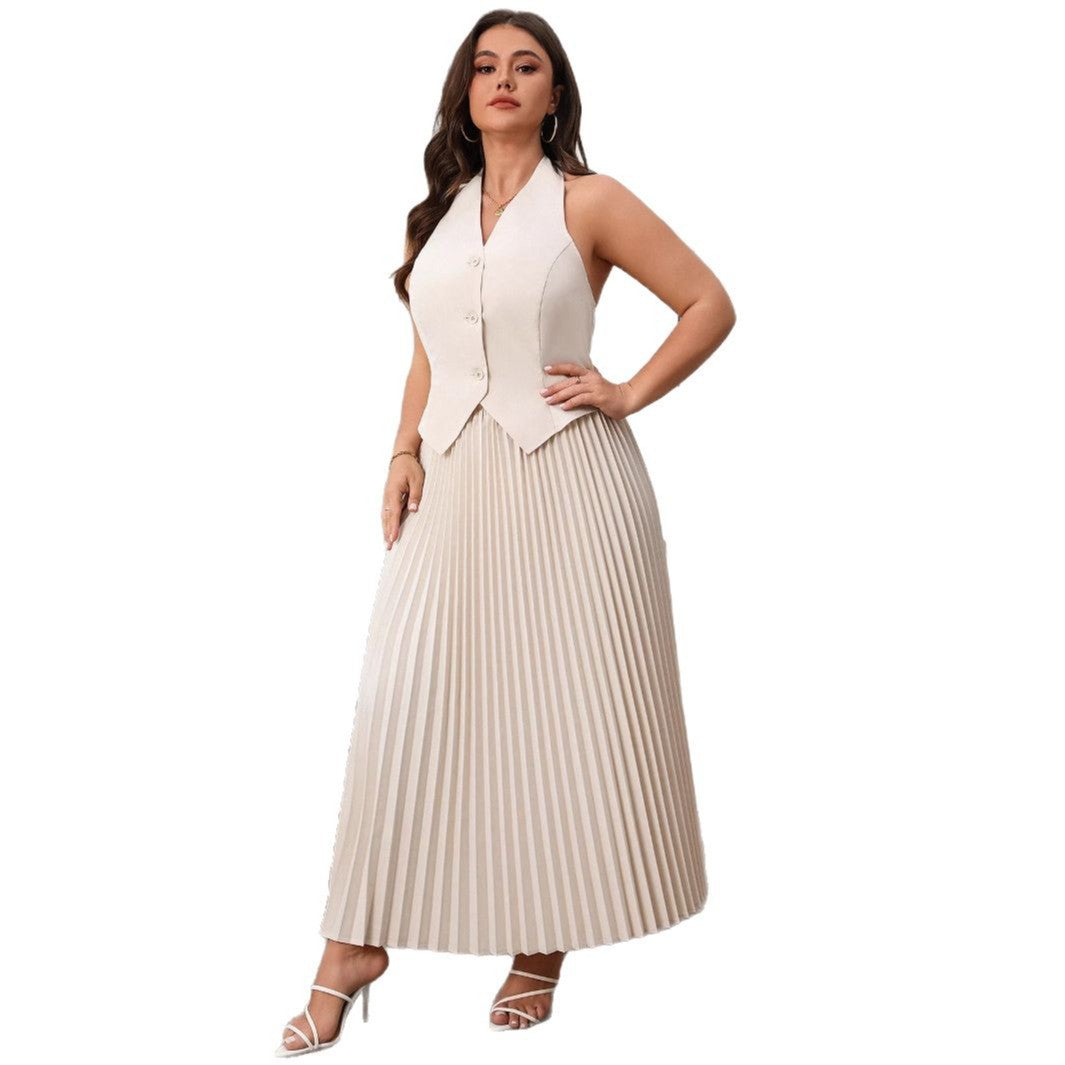 Ensemble élégant débardeur et jupe à col en V de couleur unie