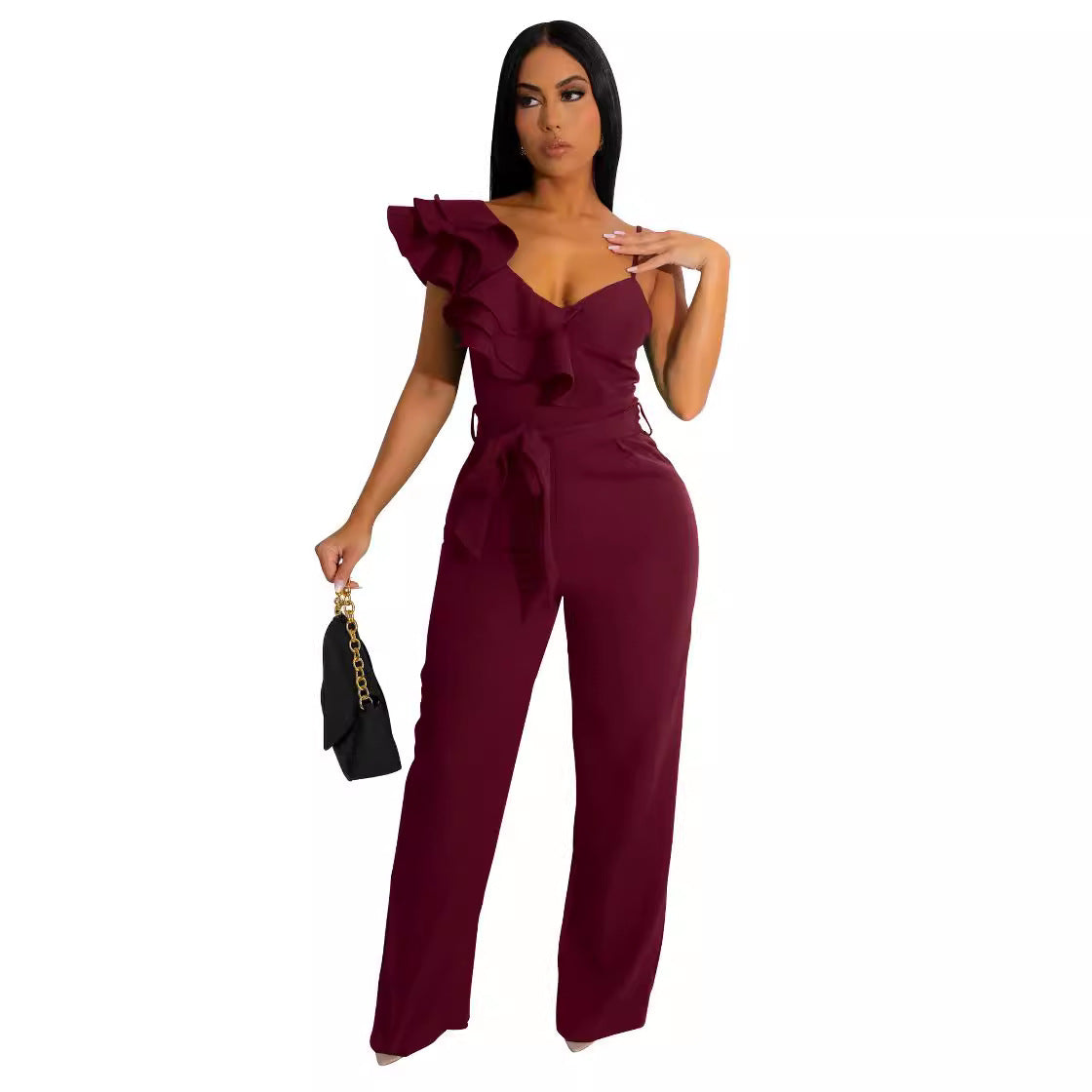 Women Fashion Solid Color V-Neck Ruffled Jumpsuits