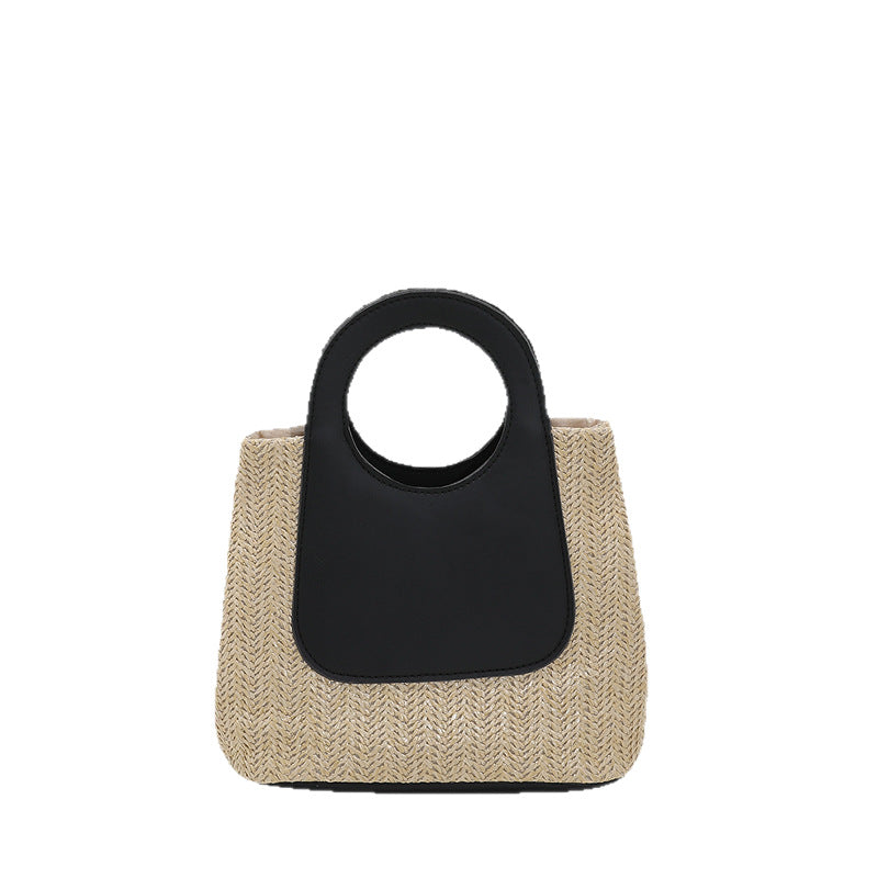 Women Casual Straw Woven Handbag with Contrast Color Stitching