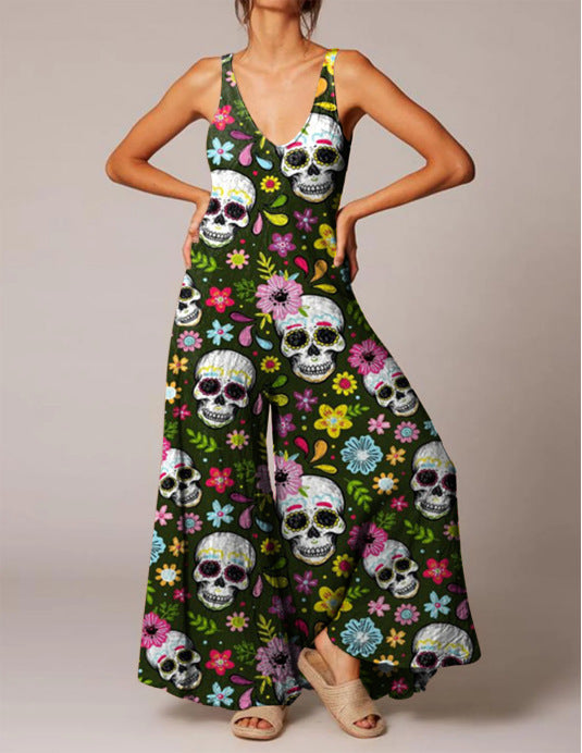 Combinaison vintage décontractée à imprimé tête de mort pour femme, style Halloween